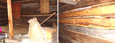 A ton of sand, about 600 pounds of Portland cement mix, and 100 pounds of lime were donated for the chinking (left).  2x4s were also donated to fill the gaps between the logs (right).